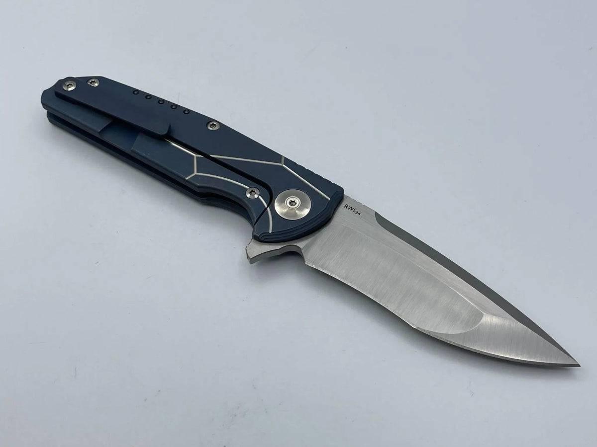 Reate K-4 Flipper 3.75" Damasteel RWL-34 Compound Tanto Blade Blue Titanium Handles Carbon Fiber Inlays - NORTH RIVER OUTDOORS