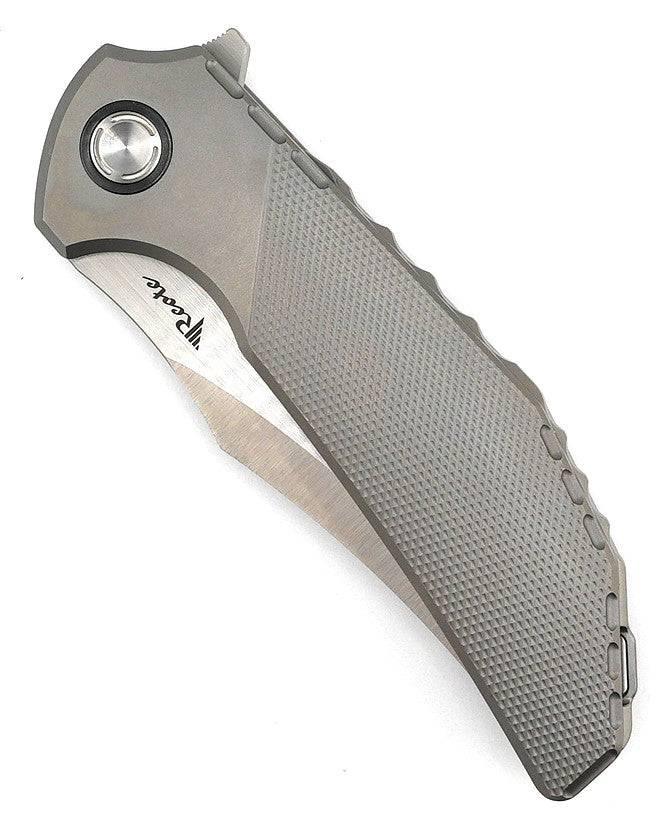 Reate Knives Tiger Liner Lock Flipper 3.75" M390 Satin Compound Recurve Tanto Blade, Bead Blasted Diamond Texture Milled Titanium Handles - NORTH RIVER OUTDOORS