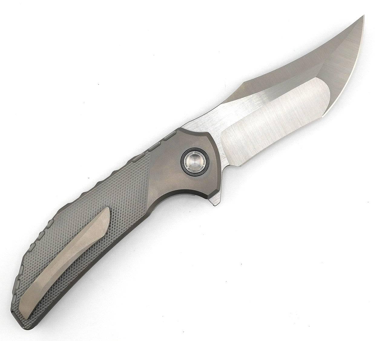 Reate Knives Tiger Liner Lock Flipper 3.75" M390 Satin Compound Recurve Tanto Blade, Bead Blasted Diamond Texture Milled Titanium Handles - NORTH RIVER OUTDOORS