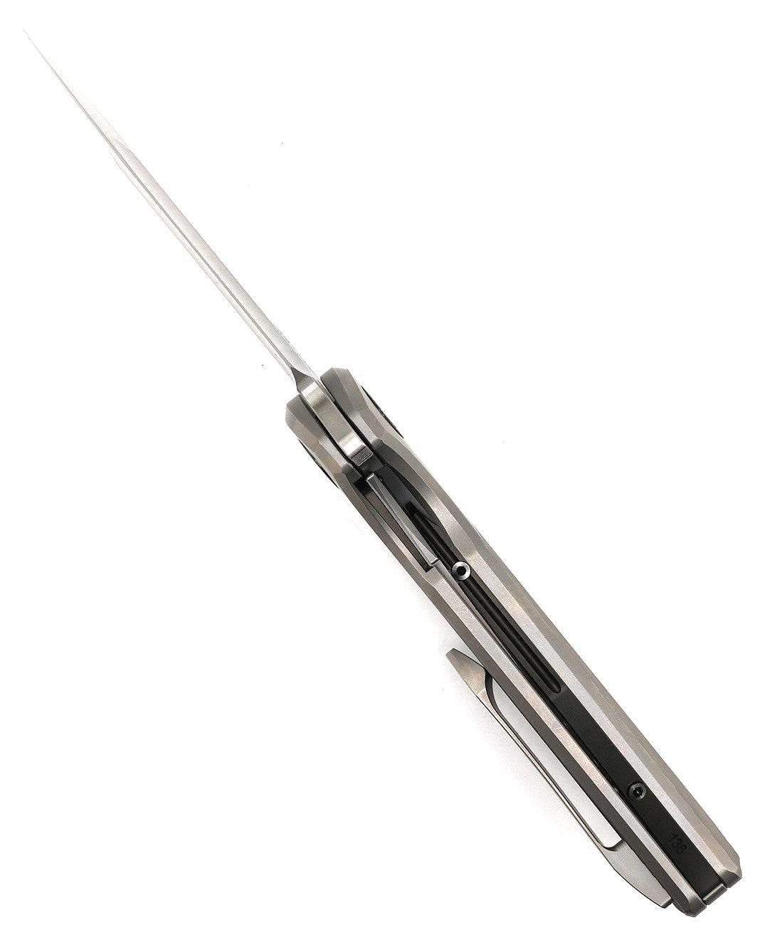 Reate Knives Tiger Liner Lock Flipper 3.75" M390 Satin Compound Recurve Tanto Blade, Bead Blasted Stripe Pattern Milled Titanium Handles - NORTH RIVER OUTDOORS