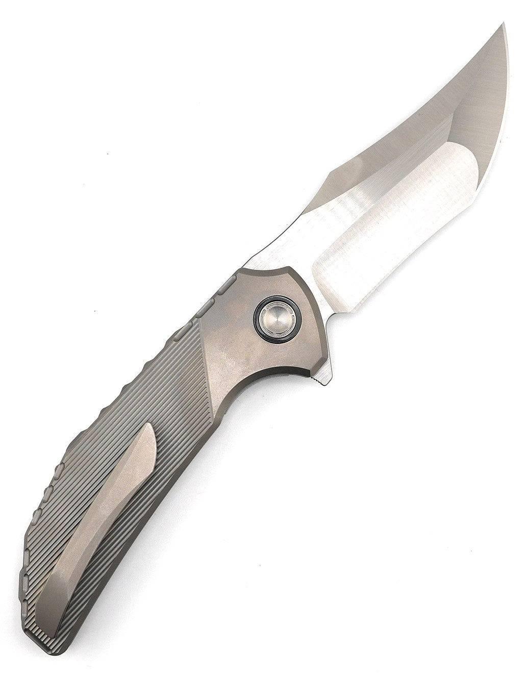 Reate Knives Tiger Liner Lock Flipper 3.75" M390 Satin Compound Recurve Tanto Blade, Bead Blasted Stripe Pattern Milled Titanium Handles - NORTH RIVER OUTDOORS