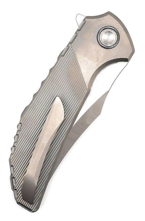 Reate Knives Tiger Liner Lock Flipper 3.75" M390 Satin Compound Recurve Tanto Blade, Bead Blasted Stripe Pattern Milled Titanium Handles - NORTH RIVER OUTDOORS