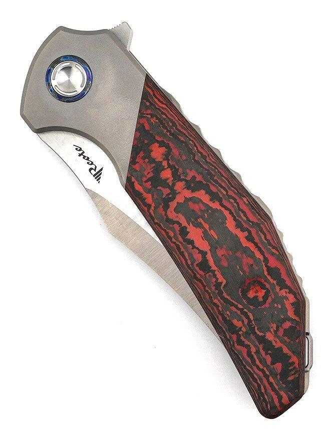 Reate Knives Tiger Liner Lock Flipper 3.75" M390 Satin Compound Recurve Tanto Blade, Lava Flow FatCarbon Handles - NORTH RIVER OUTDOORS