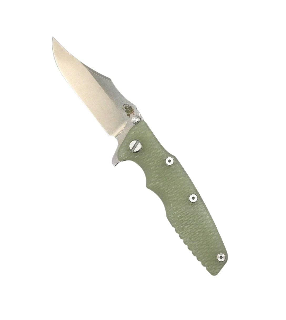 Rick Hinderer EKLIPSE 3.5″ Flipper Bowie Blade Battle Bronze Translucent Green G10 - NORTH RIVER OUTDOORS
