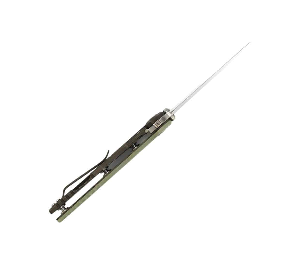 Rick Hinderer EKLIPSE 3.5″ Flipper Bowie Blade Battle Bronze Translucent Green G10 - NORTH RIVER OUTDOORS