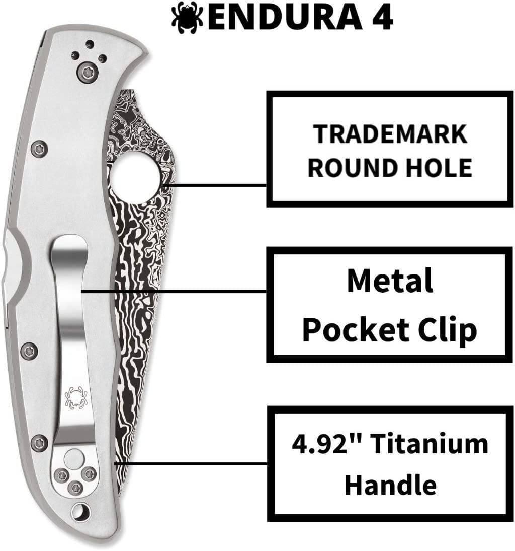 Spyderco Endura C10TIPD 3.83" VG10 Damascus Plain Blade, Titanium Handles - NORTH RIVER OUTDOORS
