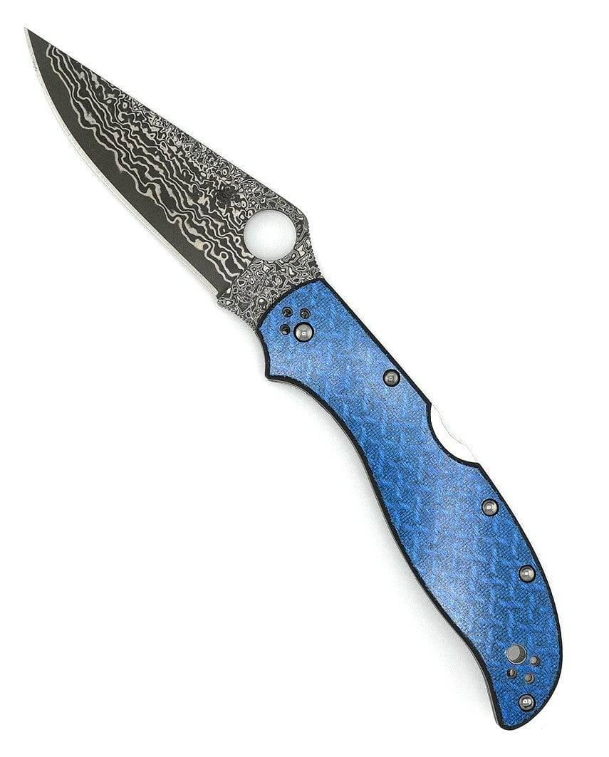 Spyderco Stretch 2XL Sprint Run Folding Knife 3.96" Damascus VG10 Core Plain Blade Blue Nishijin Glass Fiber Handles - NORTH RIVER OUTDOORS