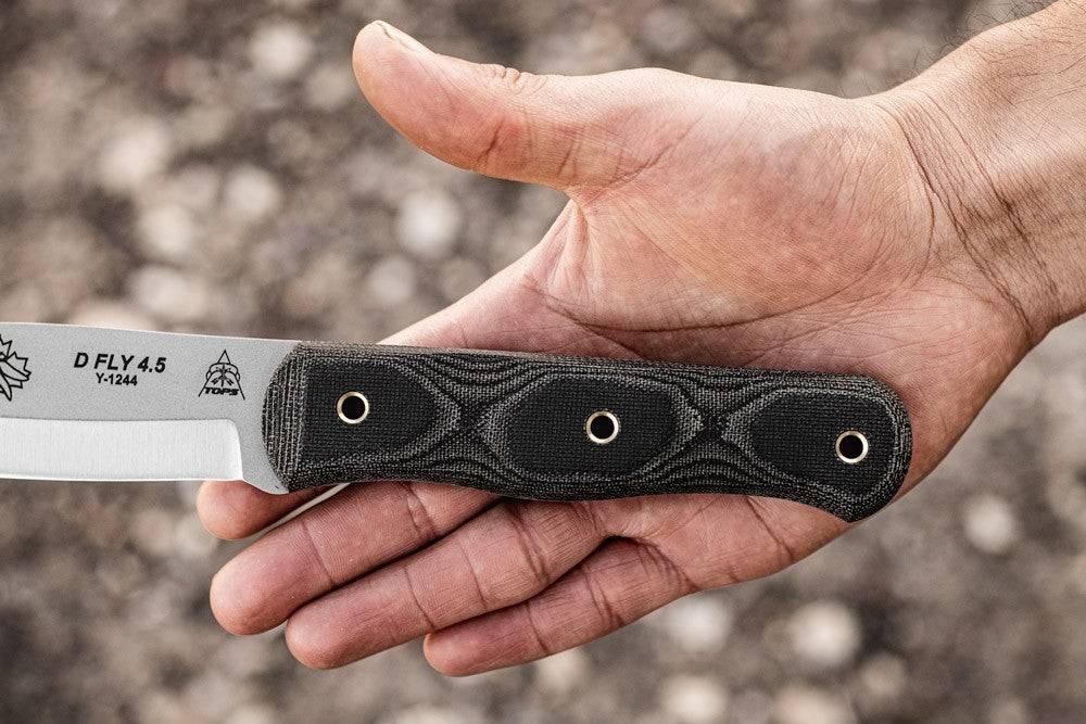 TOPS Knives D Fly 4.5 Fixed 4.5" 1095 Carbon Blade Black Micarta Handles Leather Sheath - NORTH RIVER OUTDOORS