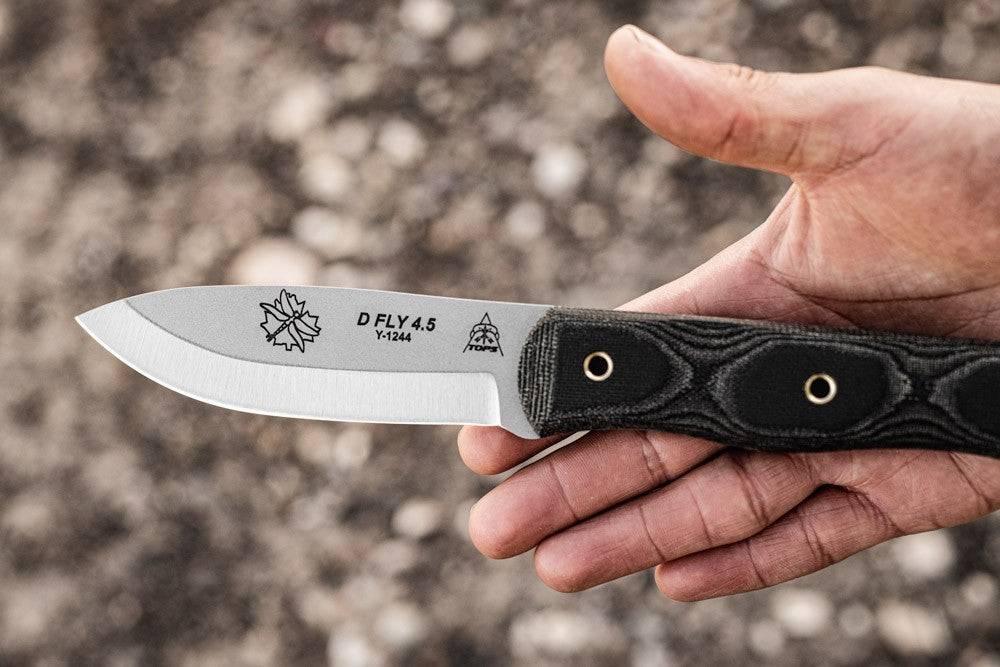 TOPS Knives D Fly 4.5 Fixed 4.5" 1095 Carbon Blade Black Micarta Handles Leather Sheath - NORTH RIVER OUTDOORS