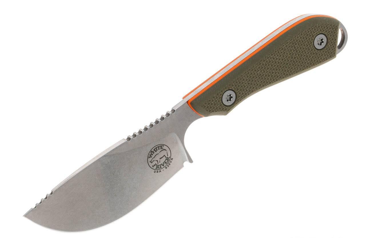 White River M1 Skinner Stonewashed S35VN Blade Green & Orange Textured G-10 Kydex Sheath - NORTH RIVER OUTDOORS