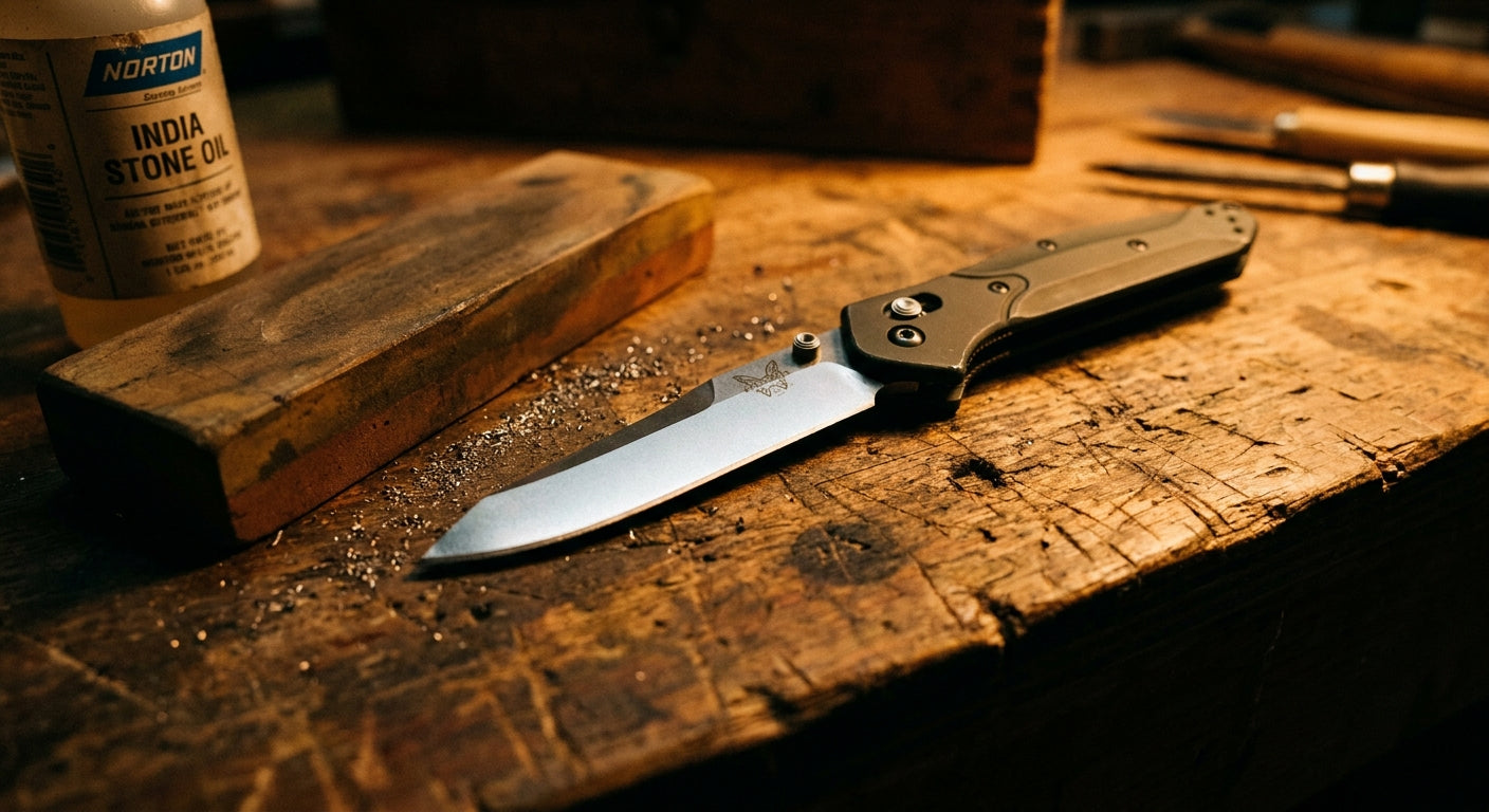 A Benchmade folding knife with an open blade resting on a wooden workbench beside a sharpening stone and honing oil in warm workshop lighting.