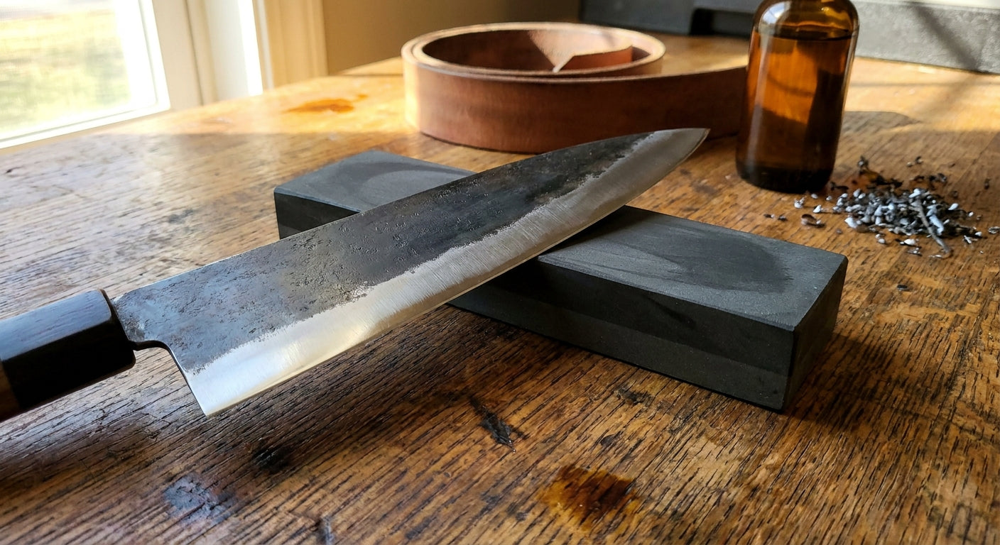 A steel knife angled against a whetstone on a wooden workbench, bathed in warm directional light with sharpening tools softly blurred in the background.