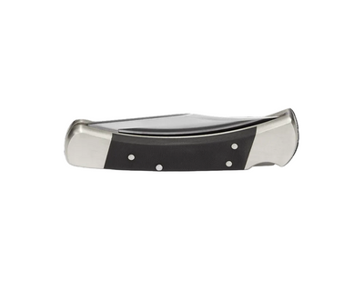 Butterfly knife with black handle and silver blade on a white background