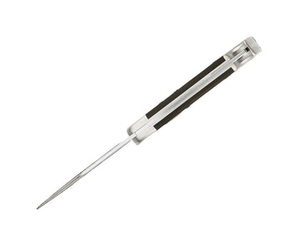 Metallic kitchen tool with a black handle on a white background
