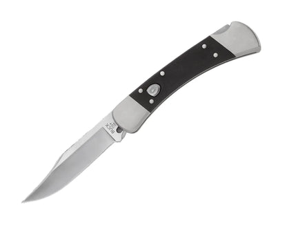 Folding knife with black handle on a white background