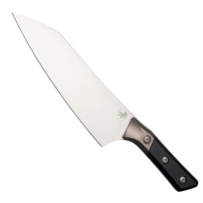 Chef's knife with a black handle on a white background