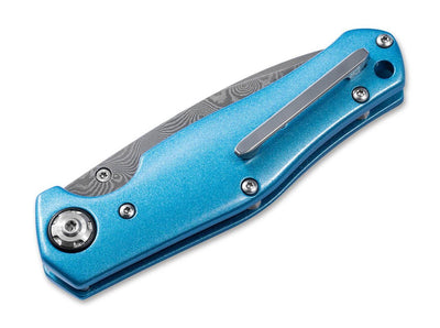 Boker Tommaso Rumici 1969 Z28 Folding Knife 3.15" Nichols Tread Damascus Drop Point "Le Mans Blue" Aluminum Handles - NORTH RIVER OUTDOORS