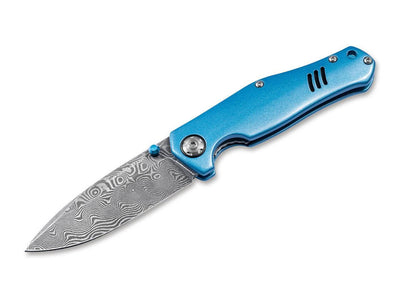 Boker Tommaso Rumici 1969 Z28 Folding Knife 3.15" Nichols Tread Damascus Drop Point "Le Mans Blue" Aluminum Handles - NORTH RIVER OUTDOORS