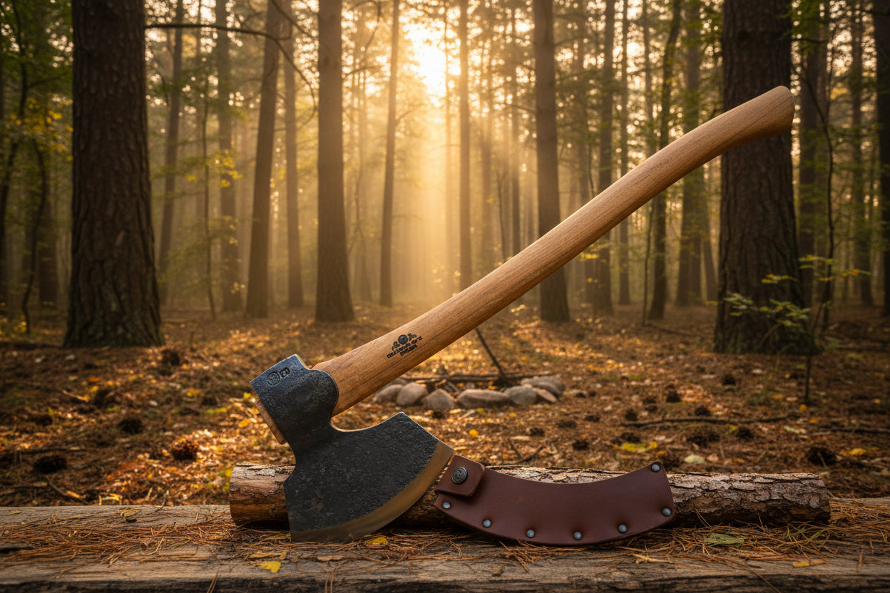 Axes with leather sheathes on a wooden surface against a rusty metal background