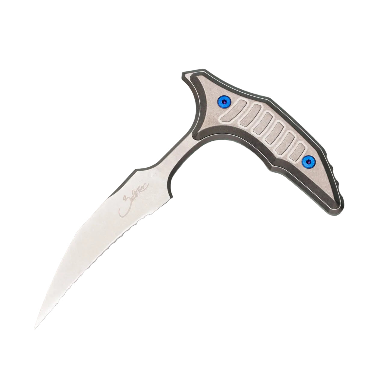 Forked knife with a metallic blade and gray handle on a white background