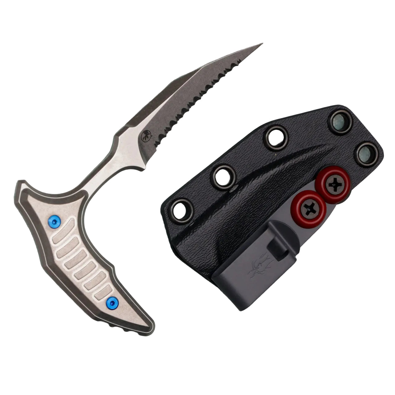 Folding knife with a black sheath on a white background
