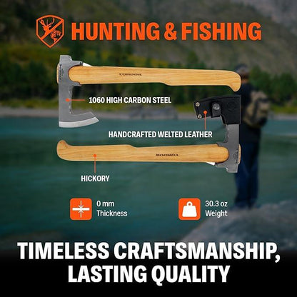 Condor Tools & Knife Travelhawk Axe 6.7" Carbon Steel Head w/ Hickory Handles and Welted Leather Sheath - NORTH RIVER OUTDOORS