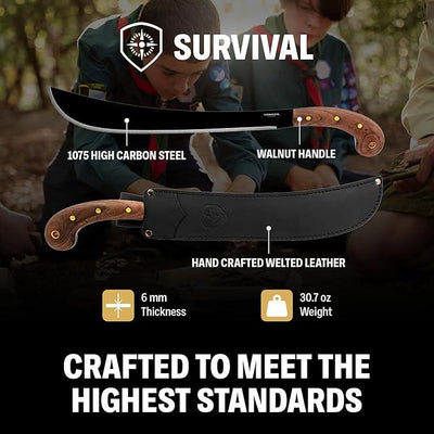 Condor Tools & Knife Golok Machete 14" Black Carbon Steel Blade w/ Walnut Handles and Leather Sheath - NORTH RIVER OUTDOORS