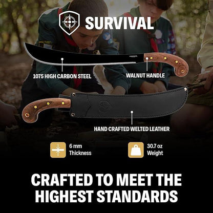 Condor Tools & Knife Golok Machete 14" Black Carbon Steel Blade w/ Walnut Handles and Leather Sheath - NORTH RIVER OUTDOORS