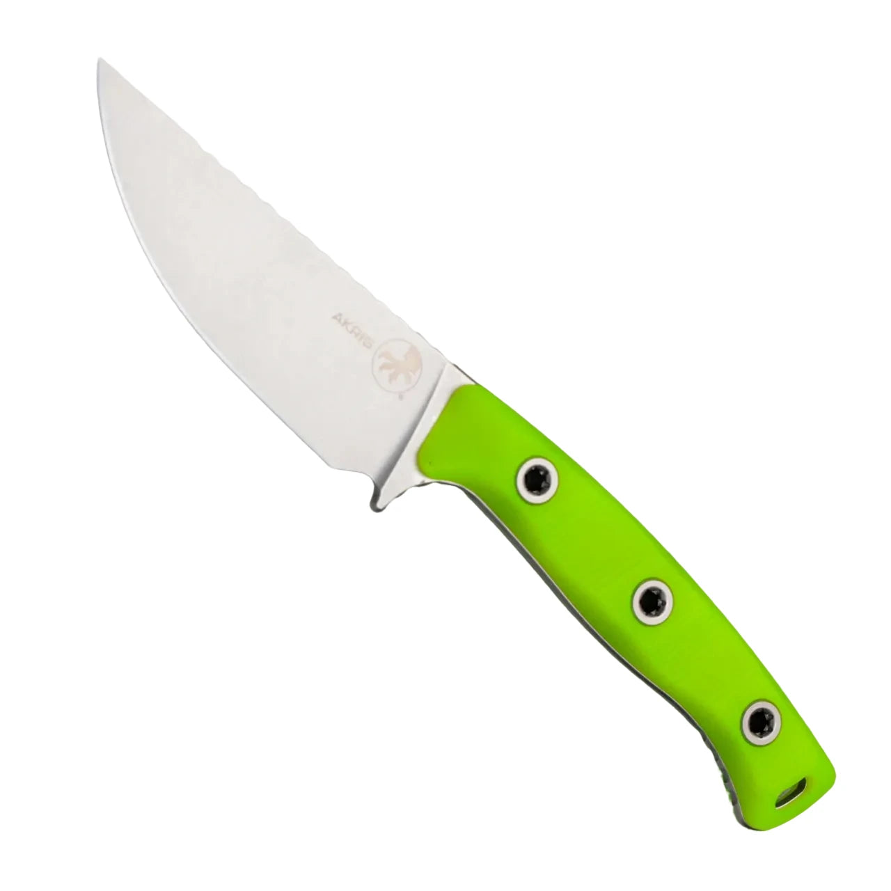 A fixed-blade knife with a silver stainless steel blade and a bright lime green handle, shown diagonally on a textured light gray background. The brand name 'BARRIO' is visible on the blade.