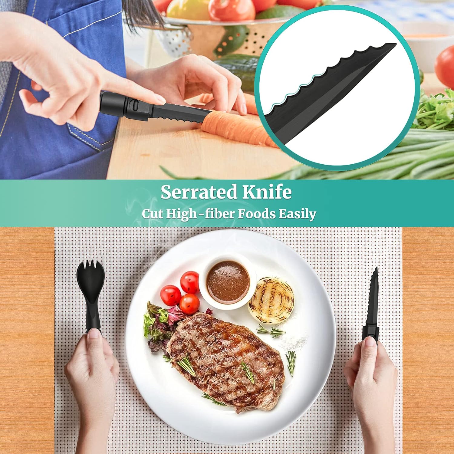 Serrated knife being used to cut vegetables with a close-up of the blade, followed by a plate of food with a fork and knife.