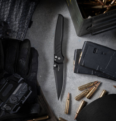 Pro-Tech Avalon Button Lock Knife Knurled Black Alluminum Handles (4.25" DLC MagnaCut)