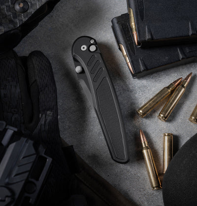 Pro-Tech Avalon Button Lock Knife Knurled Black Alluminum Handles (4.25" DLC MagnaCut)