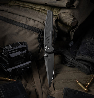 Pro-Tech Avalon Button Lock Knife Knurled Black Alluminum Handles (4.25" DLC MagnaCut)