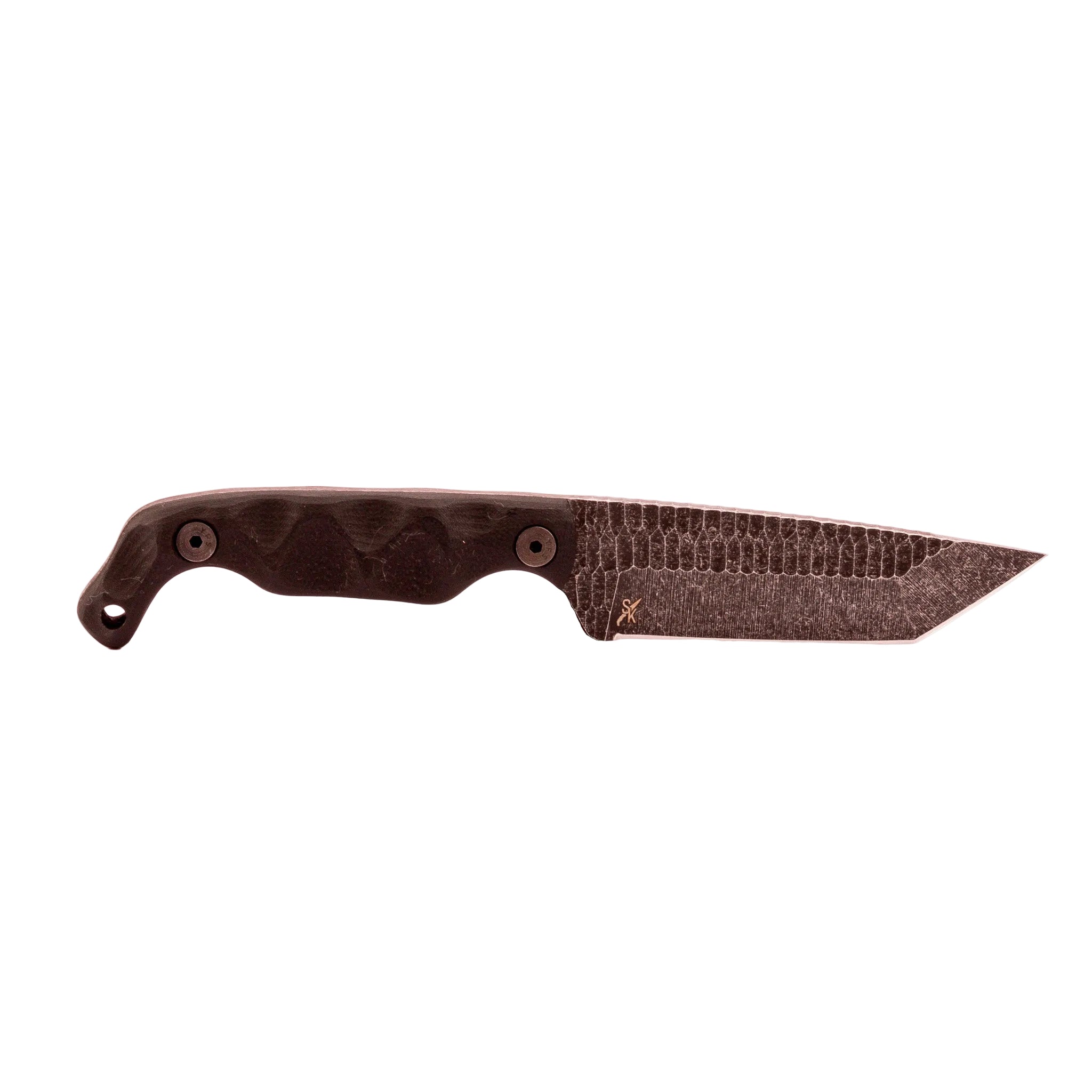 Knife with textured blade and brown handle on a white background