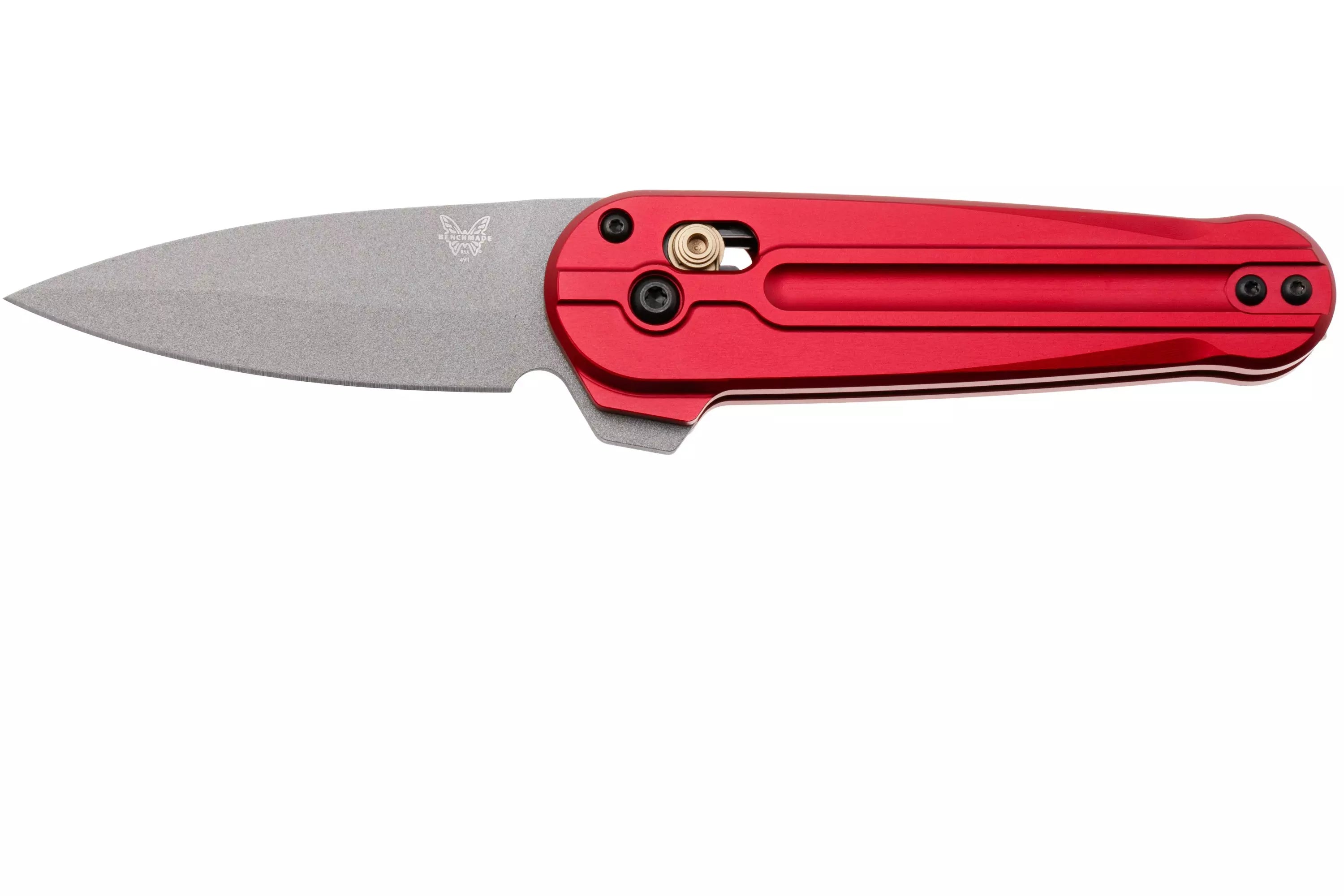 Benchmade Lowden AXIS Flipper Knife 2.79" M390 Gray Cerakote Spear Point Blade, Phoenix Red Aluminum Handles