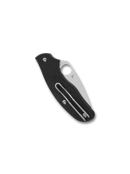Black folding knife with silver blade on a white background