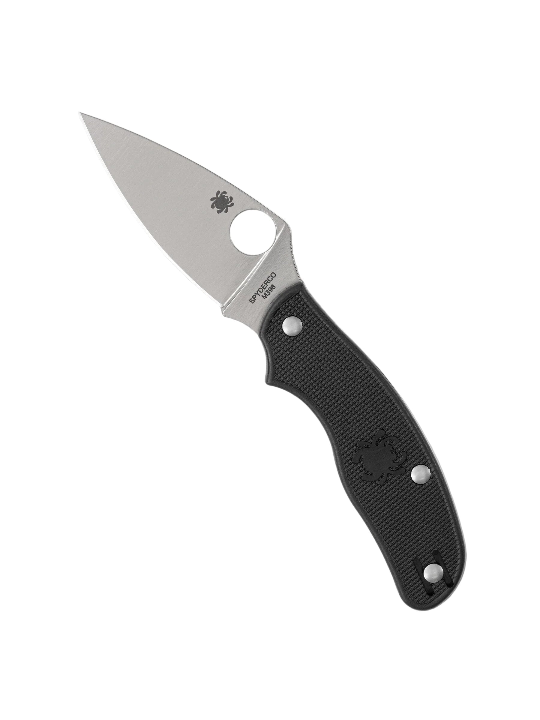 Folding knife with black handle on a white background