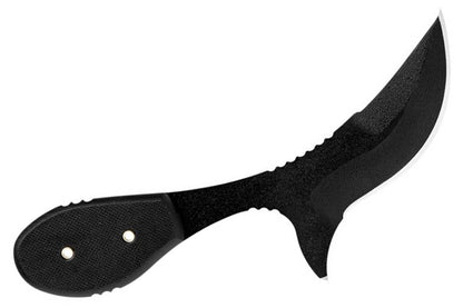Black knife with a unique blade design on a white background