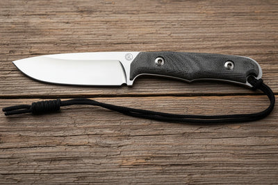 A fixed-blade knife with a silver steel blade and a textured black handle, featuring a black paracord lanyard. The Victorinox logo is visible on the blade.