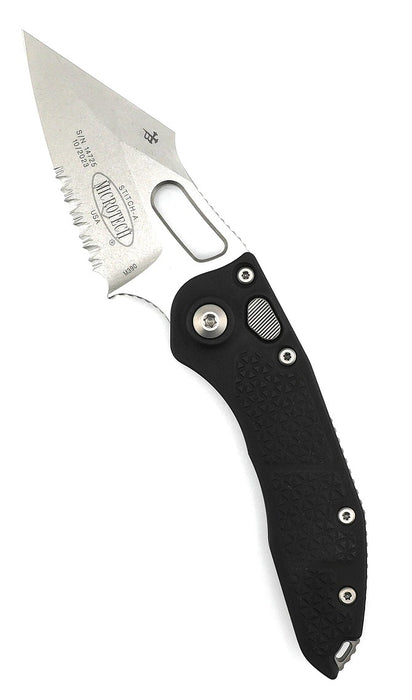 Microtech/Borka Blades 169-11 Auto Stitch 3.625" Stonewashed Spear Point Combo Blade Black Handles from NORTH RIVER OUTDOORS