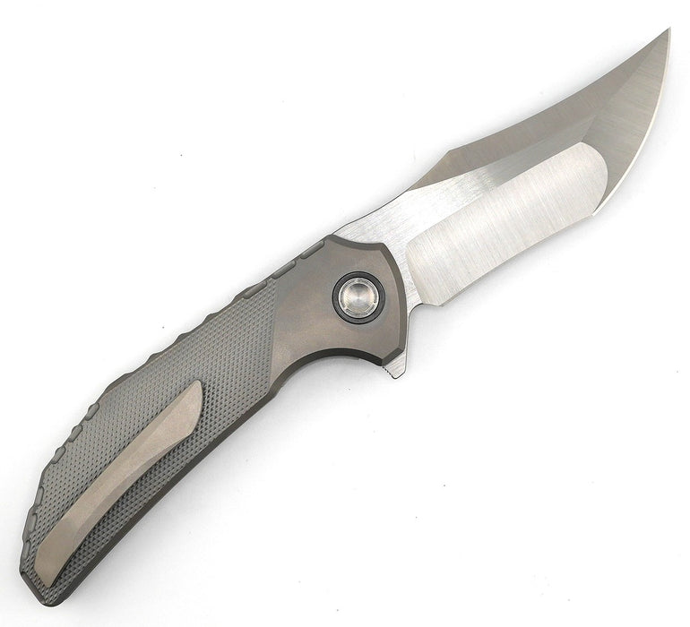 Reate Knives Tiger Liner Lock Flipper 3.75" M390 Satin Compound Recurve Tanto Blade, Bead Blasted Diamond Texture Milled Titanium Handles from NORTH RIVER OUTDOORS