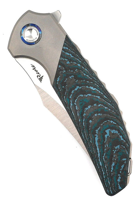 Reate Knives Tiger Liner Lock Flipper 3.75" M390 Satin Compound Recurve Tanto Blade, Crosscut Arctic Storm FatCarbon from NORTH RIVER OUTDOORS