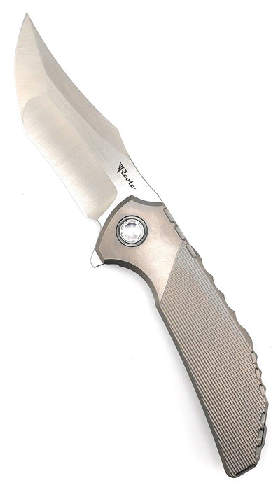 Reate Knives Tiger Liner Lock Flipper 3.75" M390 Satin Compound Recurve Tanto Blade, Bead Blasted Stripe Pattern Milled Titanium Handles from NORTH RIVER OUTDOORS