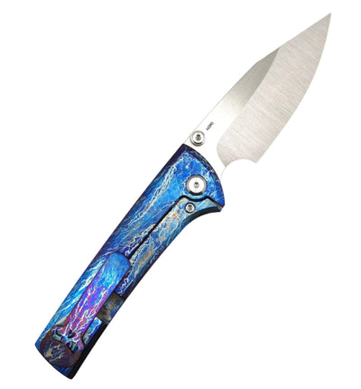 Custom Chaves Scapegoat Street Frame Lock Folding Knife Heat Antropic Ti Handles (3.50" Bohler M390) (Blurple Lightning) - NORTH RIVER OUTDOORS