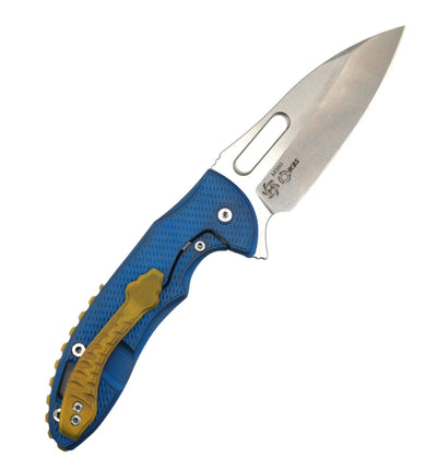 Custom Mechforce Rick Lala Collab Sentry Folding Knife Diamond Plate Titanium Handle M390 Blue and Gold Anodization - NORTH RIVER OUTDOORS