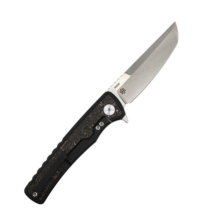 Mechforce Kilby Collab Integral Frame Lock Flipper Knife 3.375" M390 Stonewashed Japanese Tanto Blade, Black PVD Integral Titanium Handle with Copper Foil Carbon Fiber Inlays - NORTH RIVER OUTDOORS