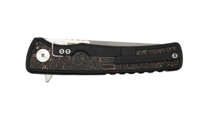 Mechforce Kilby Collab Integral Frame Lock Flipper Knife 3.375" M390 Stonewashed Japanese Tanto Blade, Black PVD Integral Titanium Handle with Copper Foil Carbon Fiber Inlays - NORTH RIVER OUTDOORS
