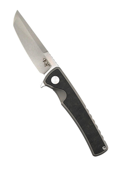 Mechforce Kilby Collab Integral Frame Lock Flipper Knife 3.375" M390 Stonewashed Japanese Tanto Blade, Glass Bead Blasted Integral Titanium Handle with Black Dunes FatCarbon Inlays - NORTH RIVER OUTDOORS