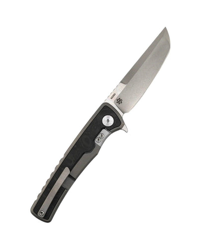 Mechforce Kilby Collab Integral Frame Lock Flipper Knife 3.375" M390 Stonewashed Japanese Tanto Blade, Glass Bead Blasted Integral Titanium Handle with Black Dunes FatCarbon Inlays - NORTH RIVER OUTDOORS