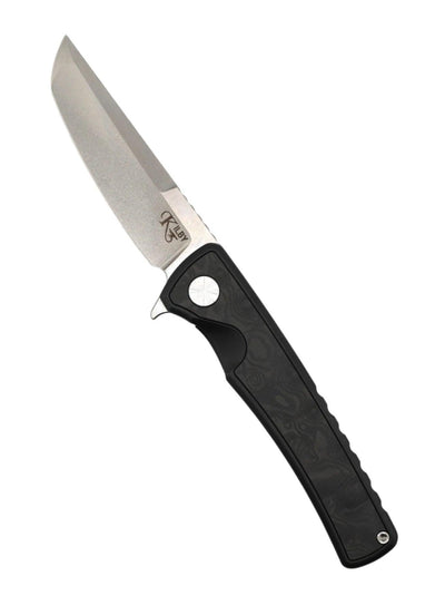 Mechforce Kilby Collab Integral Frame Lock Flipper Knife 3.375" M390 Stonewashed Japanese Tanto Blade, Black PVD Integral Titanium Handle with Black Dunes FatCarbon Inlays - NORTH RIVER OUTDOORS